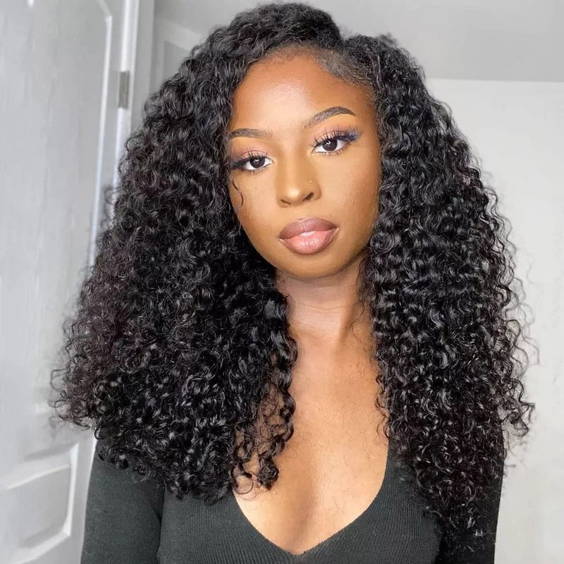 ISEE V Part Human Hair Kinky Curly Minimal/No Leave Out Upgrade U Part Wig for Black Women V Shape Kinky Curly Thin Part Glueless Clip In Half Wig 180% Density Natural Color 14 Inch - Image 2