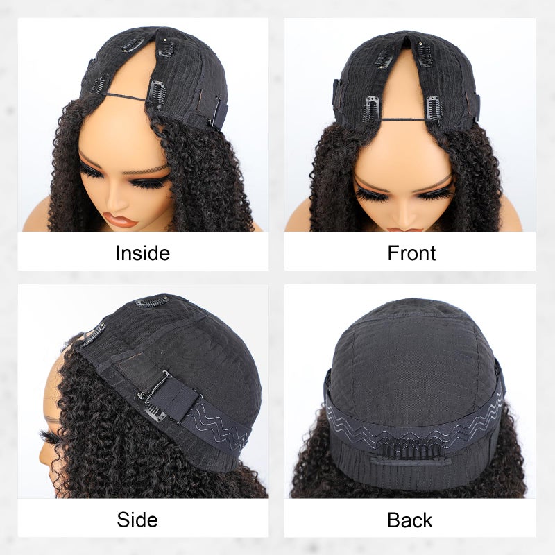 ISEE V Part Human Hair Kinky Curly Minimal/No Leave Out Upgrade U Part Wig for Black Women V Shape Kinky Curly Thin Part Glueless Clip In Half Wig 180% Density Natural Color 14 Inch - Image 5