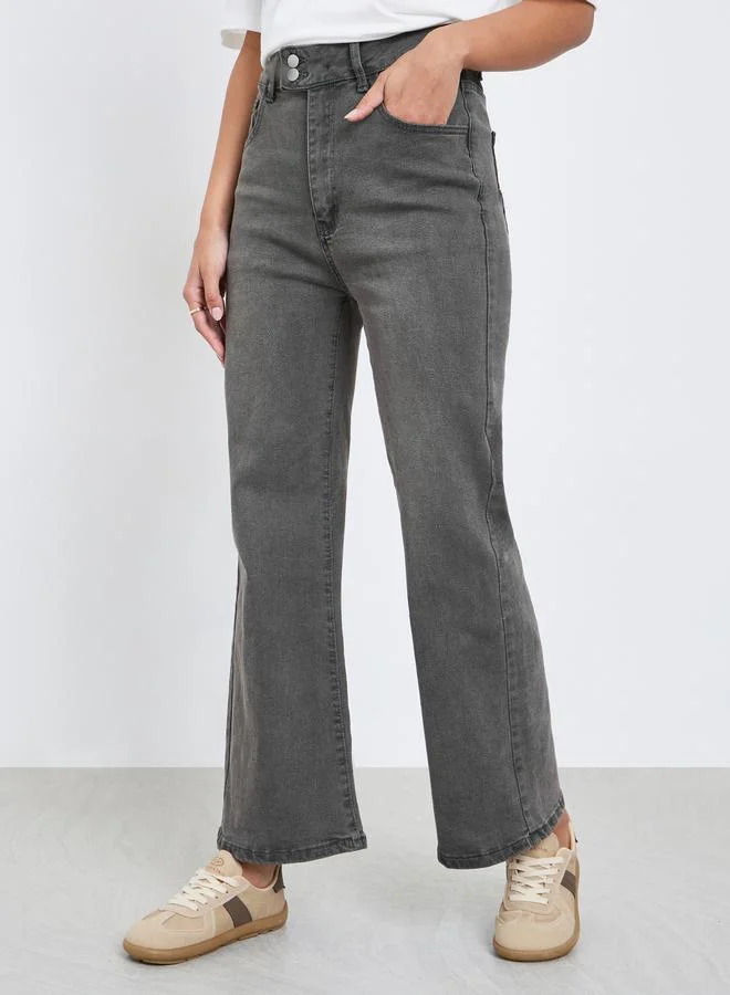 Styli Grey High Rise Acid Wash Flared Jeans