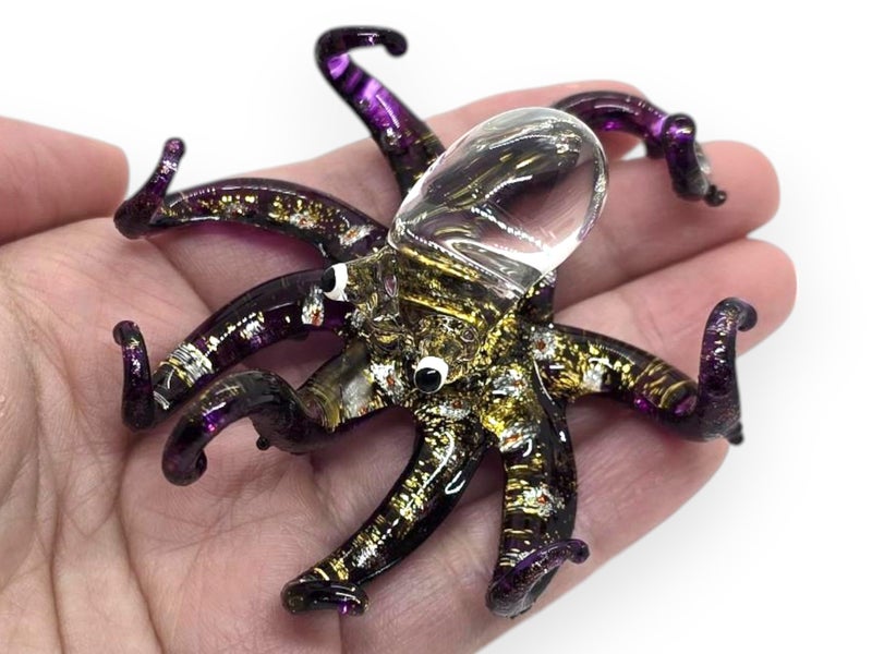 WitnyStore Tiny 2 Glittering Purple Octopus Figurine Miniature Hand Blown Glass Octopuses Squid Cuttlefish Marine Mollusks Colorful Crystal Sea Animals Decorative Collectible Figures Dcor Gifts