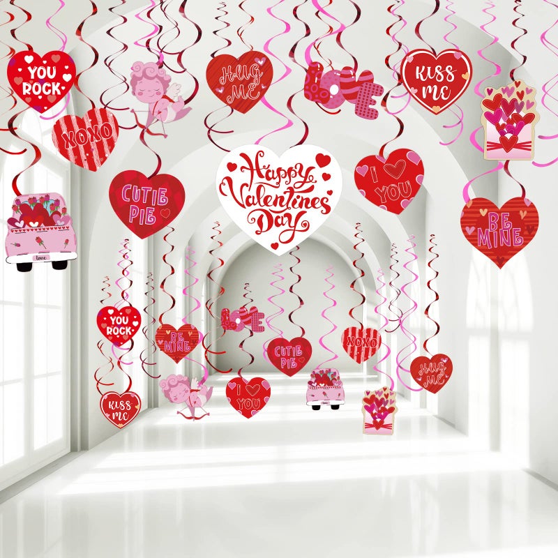 53 Pcs Valentines Day Party Decorations Valentine Hanging Heart Swirls Ceiling Foil Decorations Red Pink Conversation Hearts Decor for Happy Valentines Day Wedding Anniversary Theme Party Supplies
