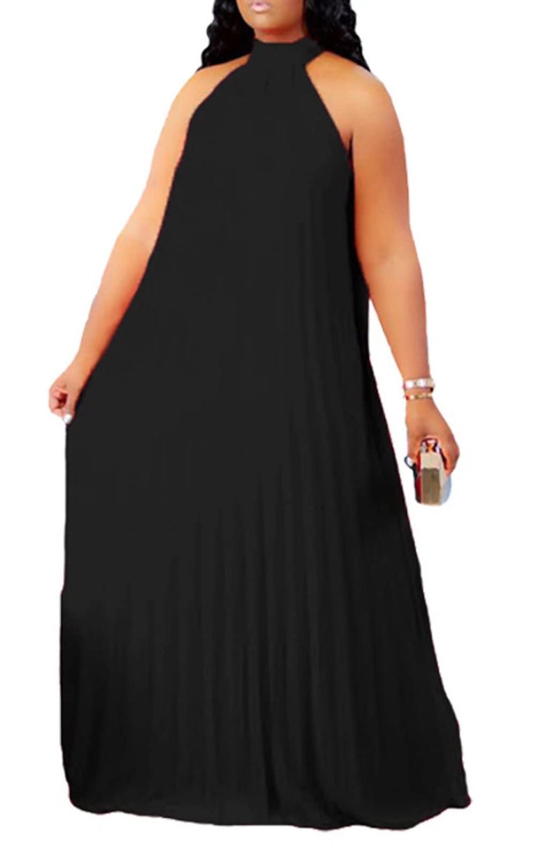 Aro Lora Womens Casual Sleeveless Plus Size Chiffon Halter Neck Pleated Loose Long Maxi Dress XX-Large Black - Image 1