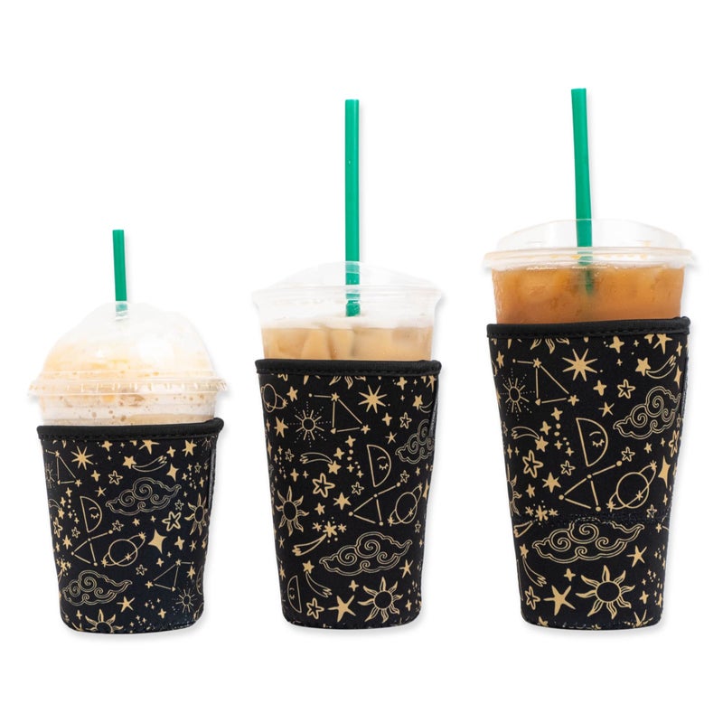BAXENDALE AND CO Baxendale Iced Coffee Sleeves for Cold Drink Cups 3 Pack Reusable Neoprene Iced Coffee Cup Sleeve for Cold Drinks Compatible with Starbucks Dunkin and more 3 PK SML Black Wanderlust