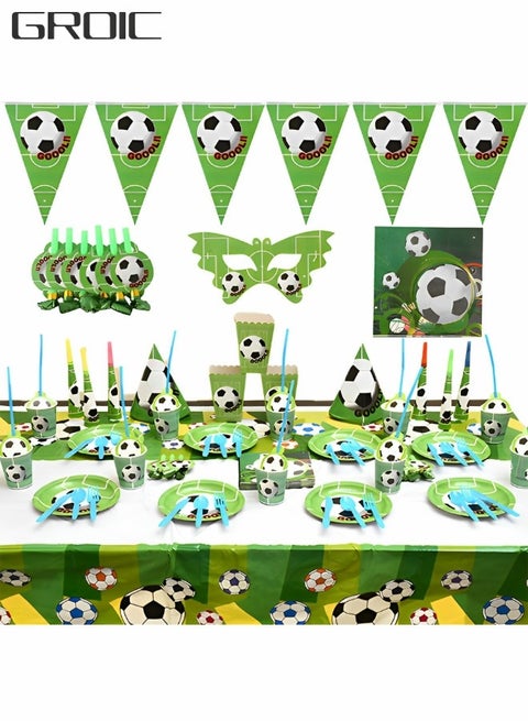 145 Pcs Soccer Birthday Party Supplies for Kids, Football Party Tableware Set, Includes Banner Paper Plates Napkins Cups Tablecloth,  for Soccer Sports Birthday Theme Party Decorations
