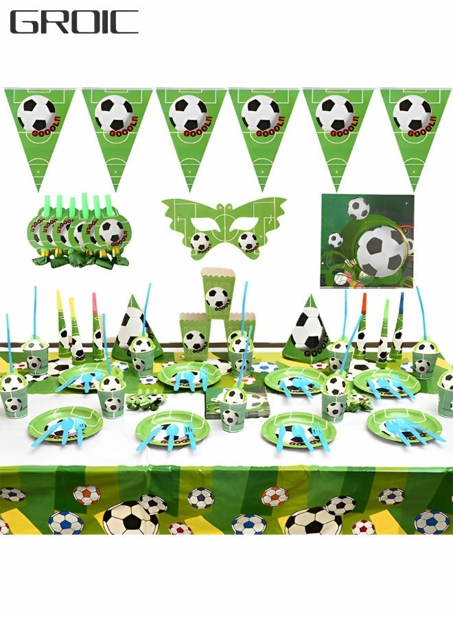 GROIC 145 Pcs Soccer Birthday Party Supplies for Kids, Football Party Tableware Set, Includes Banner Paper Plates Napkins Cups Tablecloth,  for Soccer Sports Birthday Theme Party Decorations - Image 1
