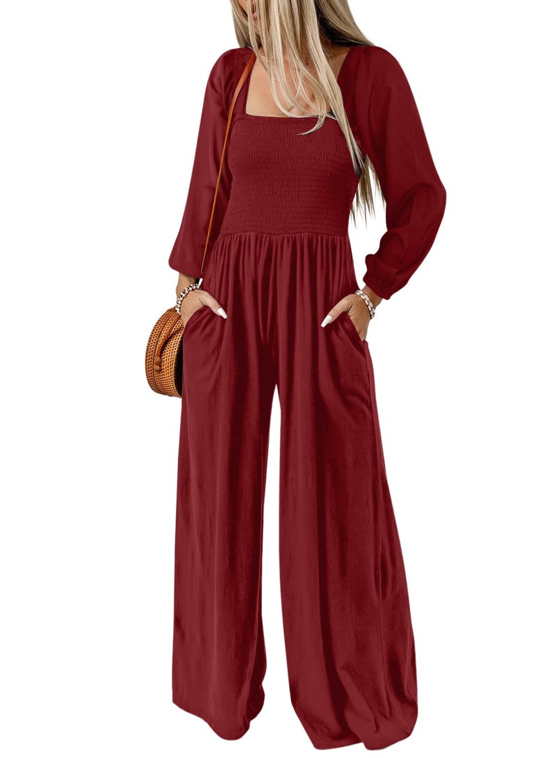 Dokotoo Loose Jumpsuits for Women Overalls Oversized Solid Color Wide Leg One Piece Long Sleeve jumpsuit Long Pant Romper with Pockets 2026 Fashion Red Large - Image 1