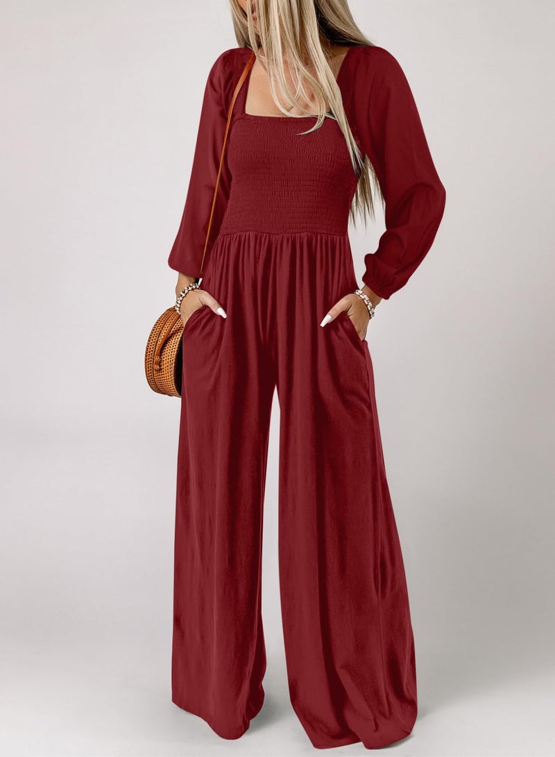 Dokotoo Loose Jumpsuits for Women Overalls Oversized Solid Color Wide Leg One Piece Long Sleeve jumpsuit Long Pant Romper with Pockets 2026 Fashion Red Large - Image 2