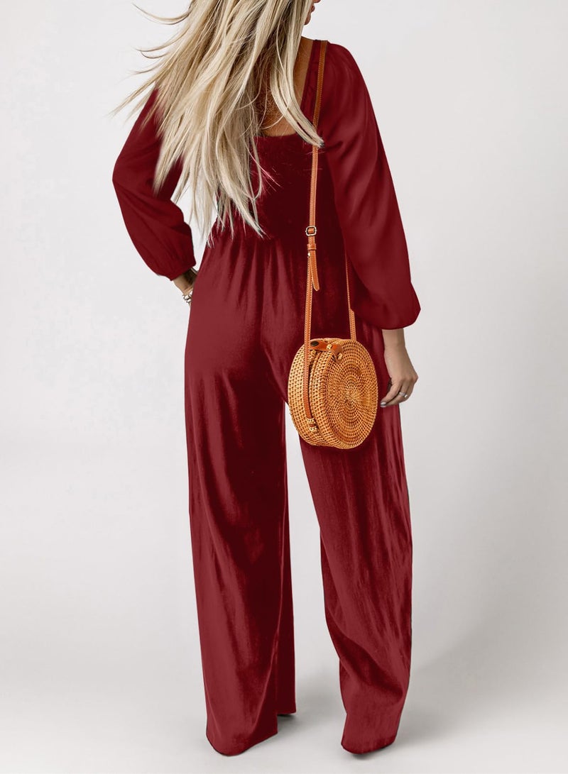 Dokotoo Loose Jumpsuits for Women Overalls Oversized Solid Color Wide Leg One Piece Long Sleeve jumpsuit Long Pant Romper with Pockets 2026 Fashion Red Large - Image 3