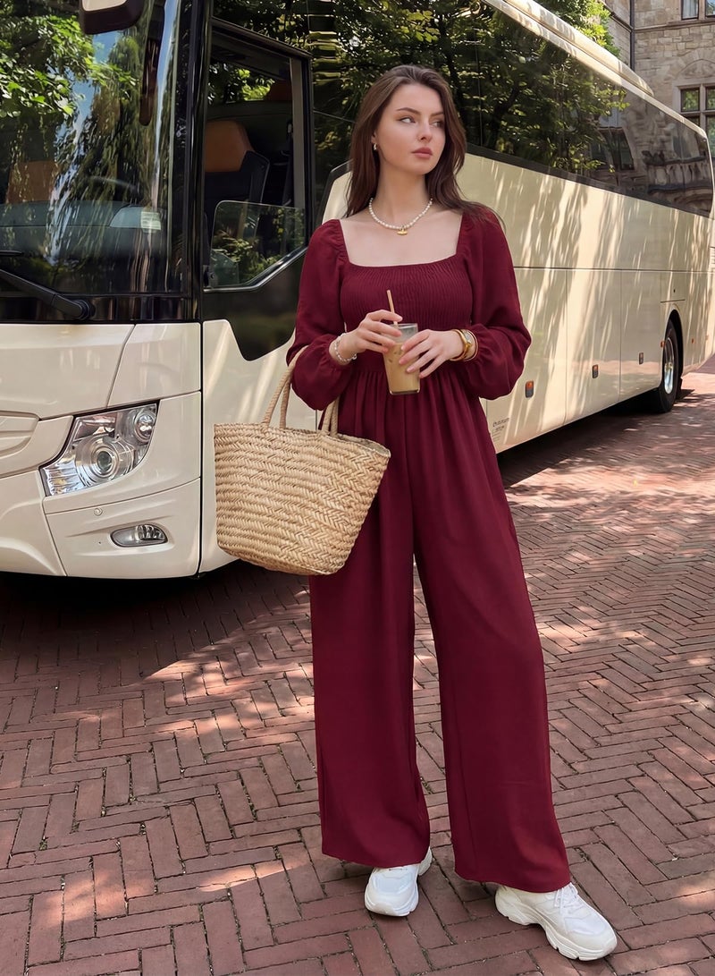 Dokotoo Loose Jumpsuits for Women Overalls Oversized Solid Color Wide Leg One Piece Long Sleeve jumpsuit Long Pant Romper with Pockets 2026 Fashion Red Large - Image 4