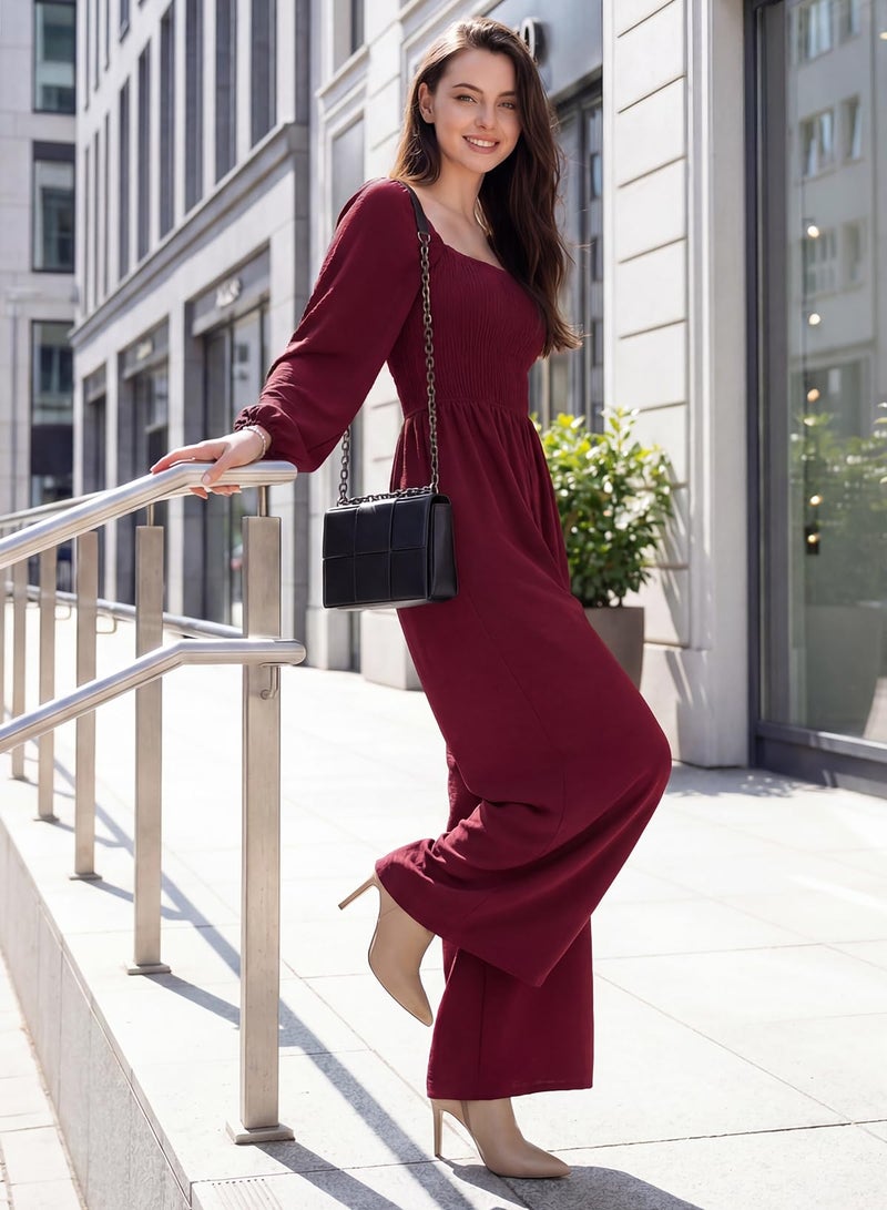 Dokotoo Loose Jumpsuits for Women Overalls Oversized Solid Color Wide Leg One Piece Long Sleeve jumpsuit Long Pant Romper with Pockets 2026 Fashion Red Large - Image 5
