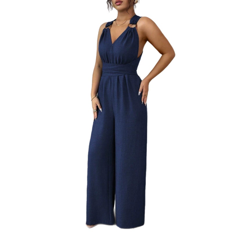 Women's Halter V-Neck Jumpsuit with Waist Tie, Wide Leg, Office Casual - Image 5