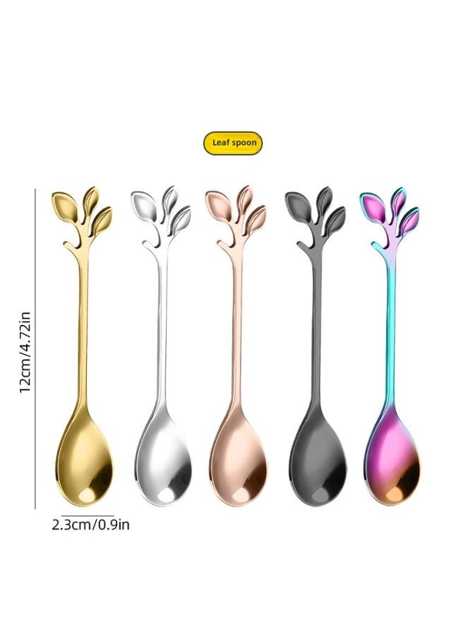 Stainless Steel Spoon Flower Spoon Tableware Coffee Spoon Mixing Spoon Cherry Blossom Chrysanthemum Rose Heart-shaped Spoon Leaf Spoon Fork-Color:Colorful-Specifications:Leaf Spoon