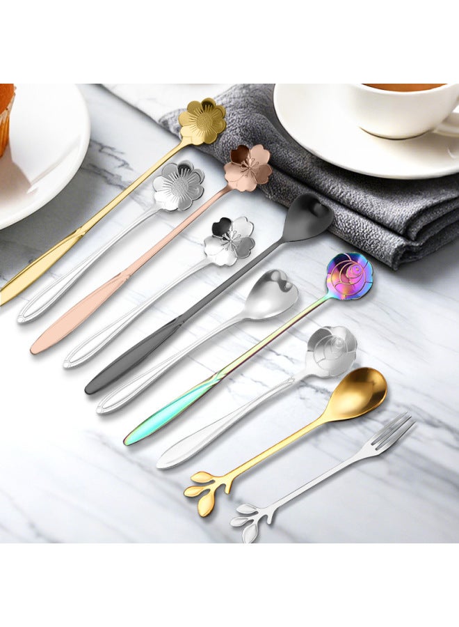 Stainless Steel Spoon Flower Spoon Tableware Coffee Spoon Mixing Spoon Cherry Blossom Chrysanthemum Rose Heart-shaped Spoon Leaf Spoon Fork-Color:Colorful-Specifications:Leaf Spoon