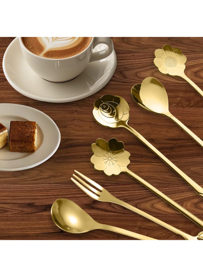 Stainless Steel Spoon Flower Spoon Tableware Coffee Spoon Mixing Spoon Cherry Blossom Chrysanthemum Rose Heart-shaped Spoon Leaf Spoon Fork-Color:Colorful-Specifications:Leaf Spoon
