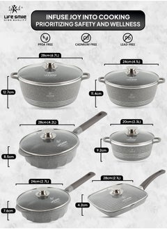 Life Smile LIFE SMILE Cookware Set 12 Pieces Granite Stone - Pots and Pans set Multi Layer Granite Non Stick Coating Cookwares 100% PFOA FREE, Kitchenware Cooking Sets (Gray)  - Image 2