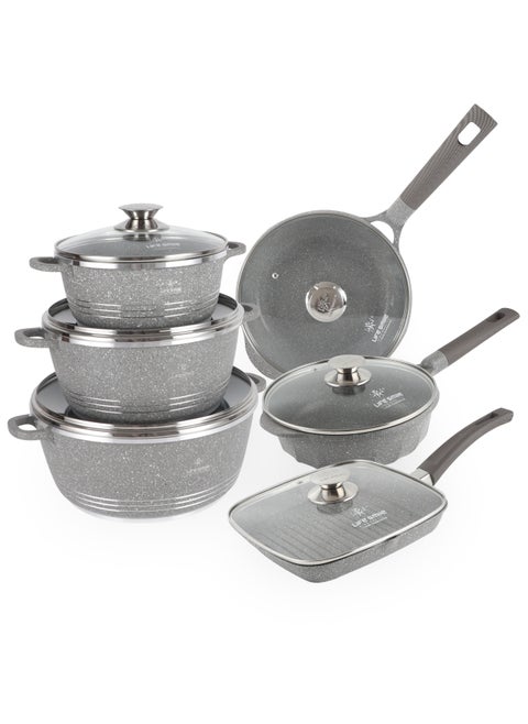 12Pcs Pots and Pans Set, Non-Stick Cookware Sets-Granite Cookwares, Cooking Set Non-Stick Includes  20/24/28cm Casserole with Lid, 24/28cm Non stick Frying pan with lid 28cm Grill pan with Lid,100% PFOA FREE Cooking set(Gray)