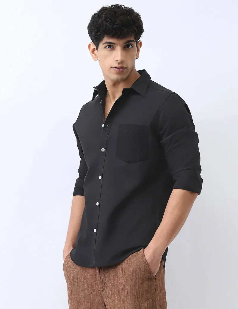 Urbano Fashion Urbano Fashion Men's Black Cotton Full Sleeve Regular Fit Casual Solid Shirt
