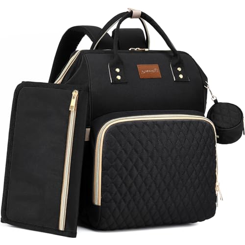 ROSEGIN Diaper Bag Backpack with Changing Pad Pacifier Case Baby Bag for Boy Girl Toddler LargeStylish Waterproof Travel Quilted Diaper Bag for Mom Baby Shower Gifts Black