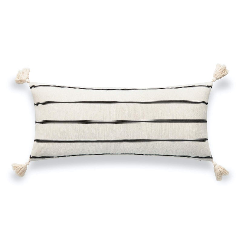 Hofdeco Modern Boho Moroccan Indoor Outdoor Long Lumbar Pillow Cover ONLY for Bed Backyard Couch Sofa Neutral Beige Stripe Tassels 12x26