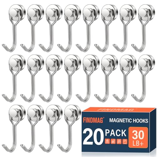 FINDMAG Magnetic Hooks 30lbs Magnetic Hooks Cruise Ship Essentials 2026 Strong Magnet Hooks Heavy Duty Swivel Swing Hooks for Fridge Kitchen Classroom Garage Grill 20 Pack Silver - Image 1