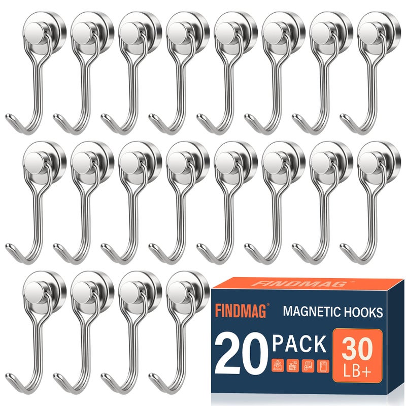 FINDMAG Magnetic Hooks 30lbs Magnetic Hooks Cruise Ship Essentials 2026 Strong Magnet Hooks Heavy Duty Swivel Swing Hooks for Fridge Kitchen Classroom Garage Grill 20 Pack Silver - Image 2