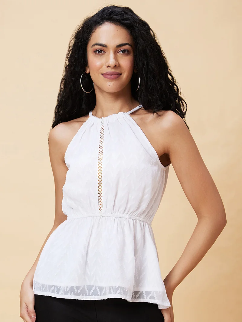 globus Women White Self Design Sleeveless Cinched Waist Top