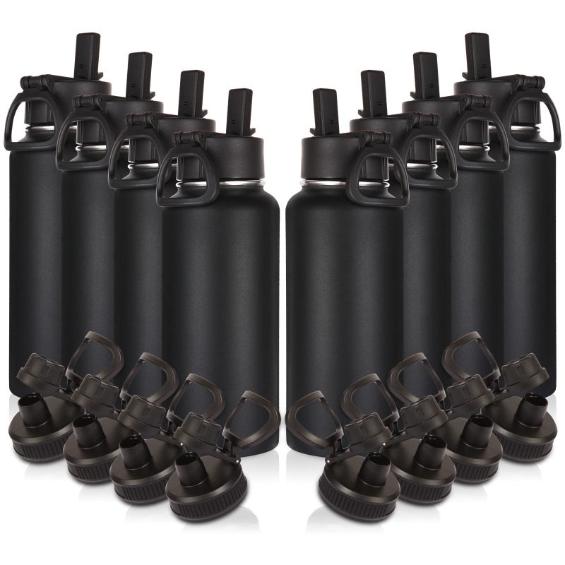 Volhoply 32oz Insulated Water Bottles Bulk 8 Pack with Straw Lid  Spout LidStainless Steel Sports Water BottleDouble Wall Vacuum CupsLeakproof Wide Mouth Metal Flask for HikingCampingBlack8
