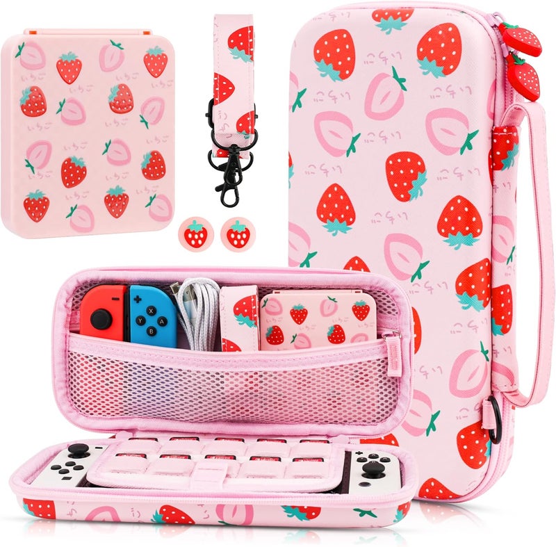 GLDRAM Pink Strawberry Carrying Case for Nintendo Switch & OLED Modle, Portable Switch Travel Protector with Cute Game Card Case, Shoulder Strap & 2 Thumb Caps, Switch Accessories Bundle for Girls - Image 1