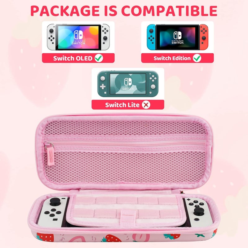 GLDRAM Pink Strawberry Carrying Case for Nintendo Switch & OLED Modle, Portable Switch Travel Protector with Cute Game Card Case, Shoulder Strap & 2 Thumb Caps, Switch Accessories Bundle for Girls - Image 4