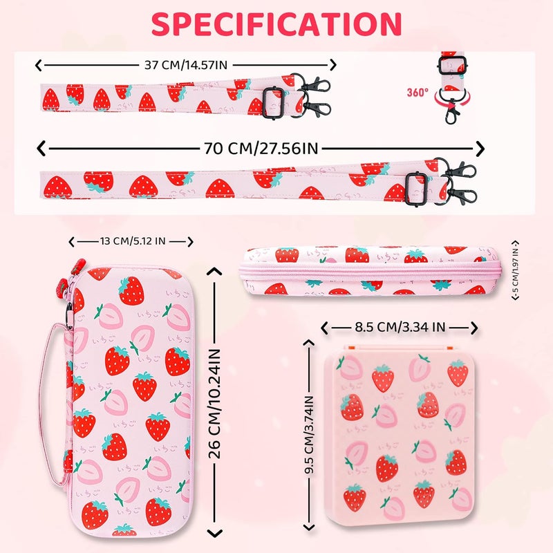 GLDRAM Pink Strawberry Carrying Case for Nintendo Switch & OLED Modle, Portable Switch Travel Protector with Cute Game Card Case, Shoulder Strap & 2 Thumb Caps, Switch Accessories Bundle for Girls - Image 5