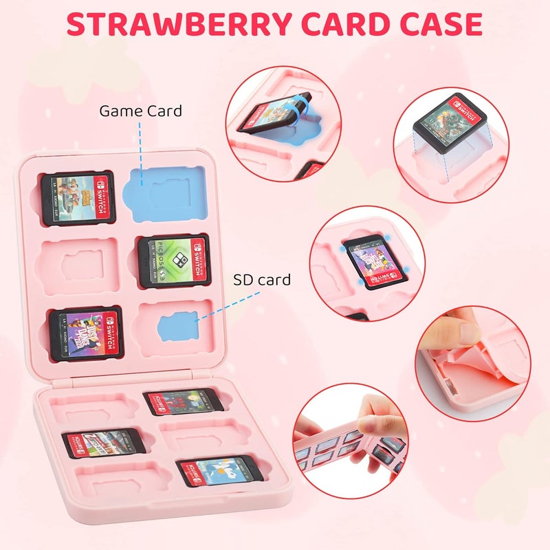 GLDRAM Pink Strawberry Carrying Case for Nintendo Switch & OLED Modle, Portable Switch Travel Protector with Cute Game Card Case, Shoulder Strap & 2 Thumb Caps, Switch Accessories Bundle for Girls - Image 3