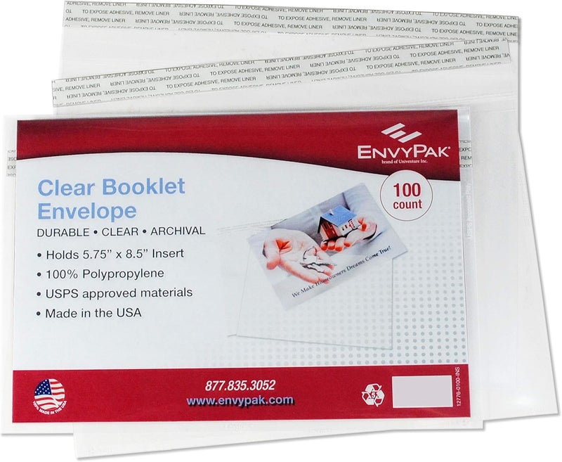 EnvyPak Clear Booklet/Catalog Envelope - Permanent Peel and Seal Closure - Holds 5.5" x 8.5" Insert - 100 Envelopes - Image 1