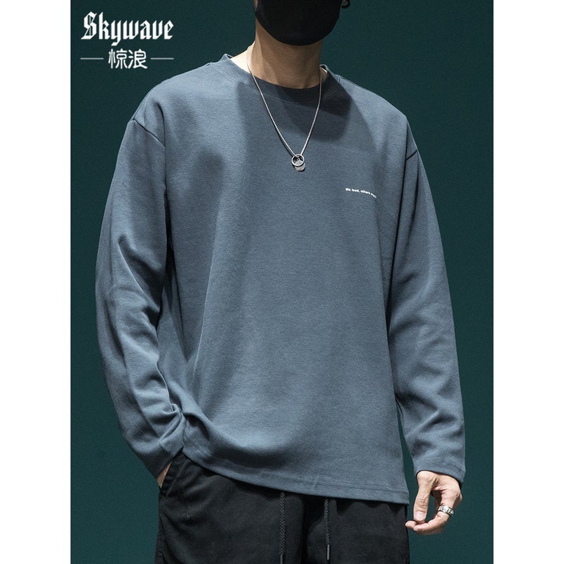 Japanese Heavy Long-sleeved T-shirt Men's Loose plus size Spring and Autumn Plus Size Fat Crewneck Top Base Shirt T-shirt - Image 1