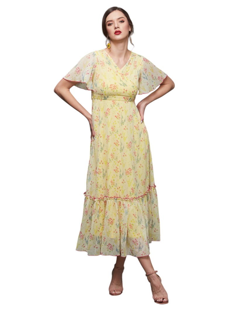 Miss Chase Women's V Neck Flared Sleeve Floral Wrap Maxi Dress (MCSS25D93-23-164-08, Multicolored Base Yellow, 3XL) - Image 1