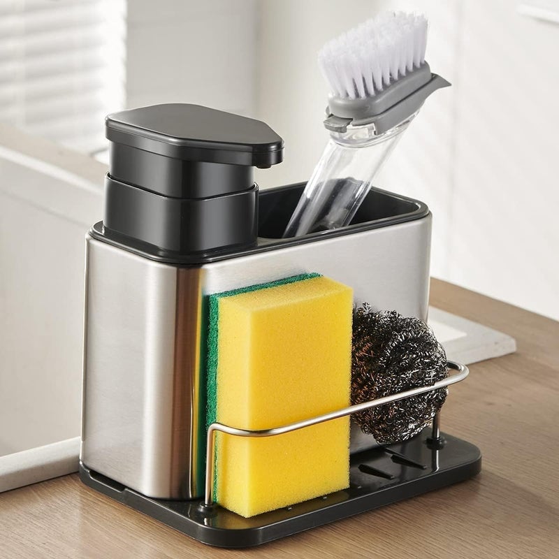 XIBO SS Kitchen Sink Caddy Organiser with Detergent Dispenser 3 in 1 Kitchen Sink Organiser Soap Dispenser with Removable Drain Tray Sponge Holder Multifunctional Brush Dish Rag Storage for Countertop - Image 1