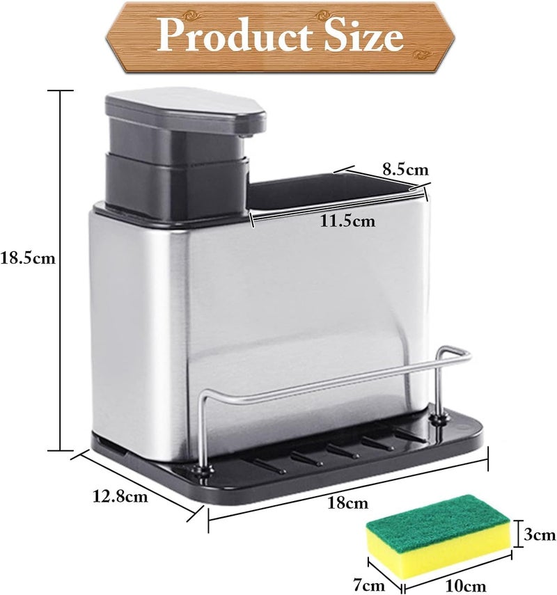 XIBO SS Kitchen Sink Caddy Organiser with Detergent Dispenser 3 in 1 Kitchen Sink Organiser Soap Dispenser with Removable Drain Tray Sponge Holder Multifunctional Brush Dish Rag Storage for Countertop - Image 2