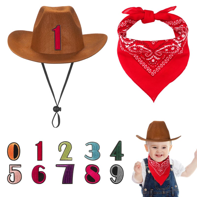 Velmitten 3 Pcs Cowboy Birthday Party Hat and Bandanas with 09 Numbers Infant Baby Hat Kid Western Costume AccessoriesRed - Image 3
