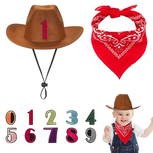 Velmitten 3 Pcs Cowboy Birthday Party Hat and Bandanas with 09 Numbers Infant Baby Hat Kid Western Costume AccessoriesRed - Image 1