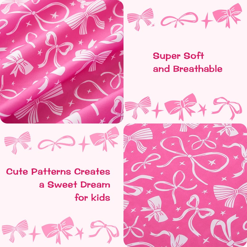 lasoftan Kids Sheet Set Twin Size, Twin Sheet Set with Pink Bow Patternï¼ŒBreathable Silky Soft Microfiber Kids Fitted Sheet - Image 2