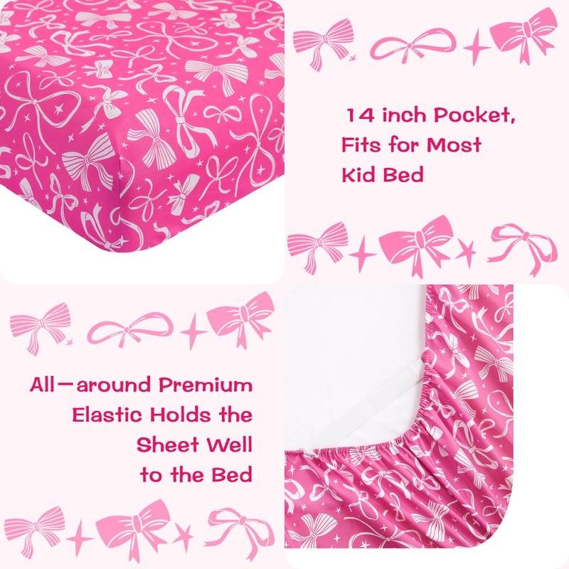 lasoftan Kids Sheet Set Twin Size, Twin Sheet Set with Pink Bow Patternï¼ŒBreathable Silky Soft Microfiber Kids Fitted Sheet - Image 3