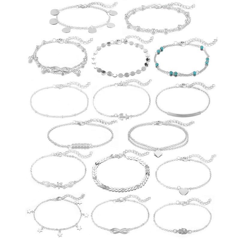 Softones 16Pcs Ankle Bracelets for Women Gold Silver Two Style Chain Beach Anklet Bracelet Jewelry Anklet Set,Adjustable Size - Image 1