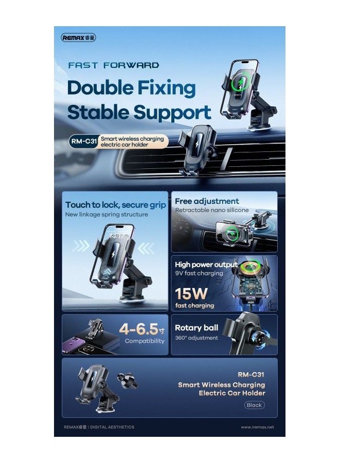 ريماكس شاحن سيارة لاسلكي ذكي - حامل هاتف كهربائي بقفل تلقائي، فتحة تهوية وحامل لوحة القيادة، قابل للتعديل للهواتف - Image 3