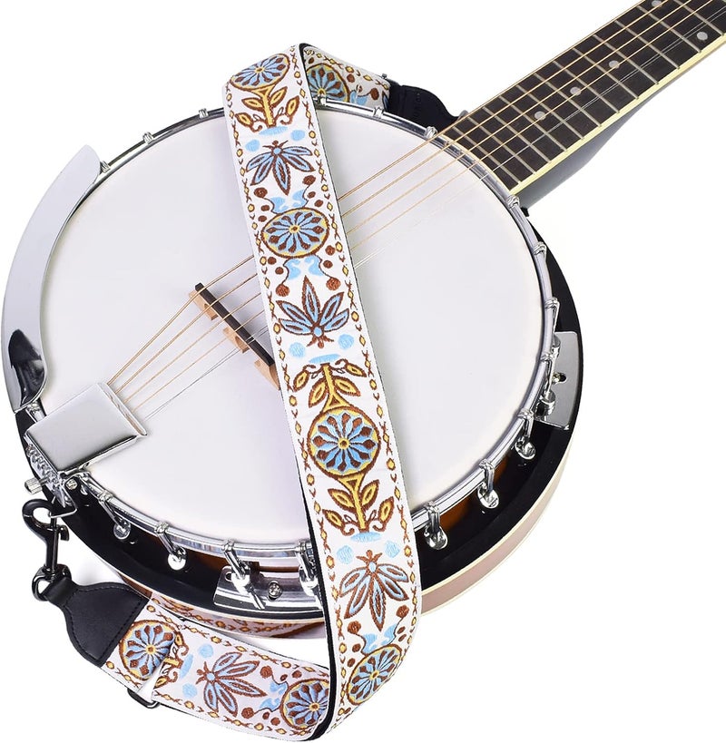 CLOUDMUSIC Banjo Strap Guitar Strap For Handbag Purse Jacquard Woven With Leather Ends And Metal Clips(Vintage Patten In White) - Image 3