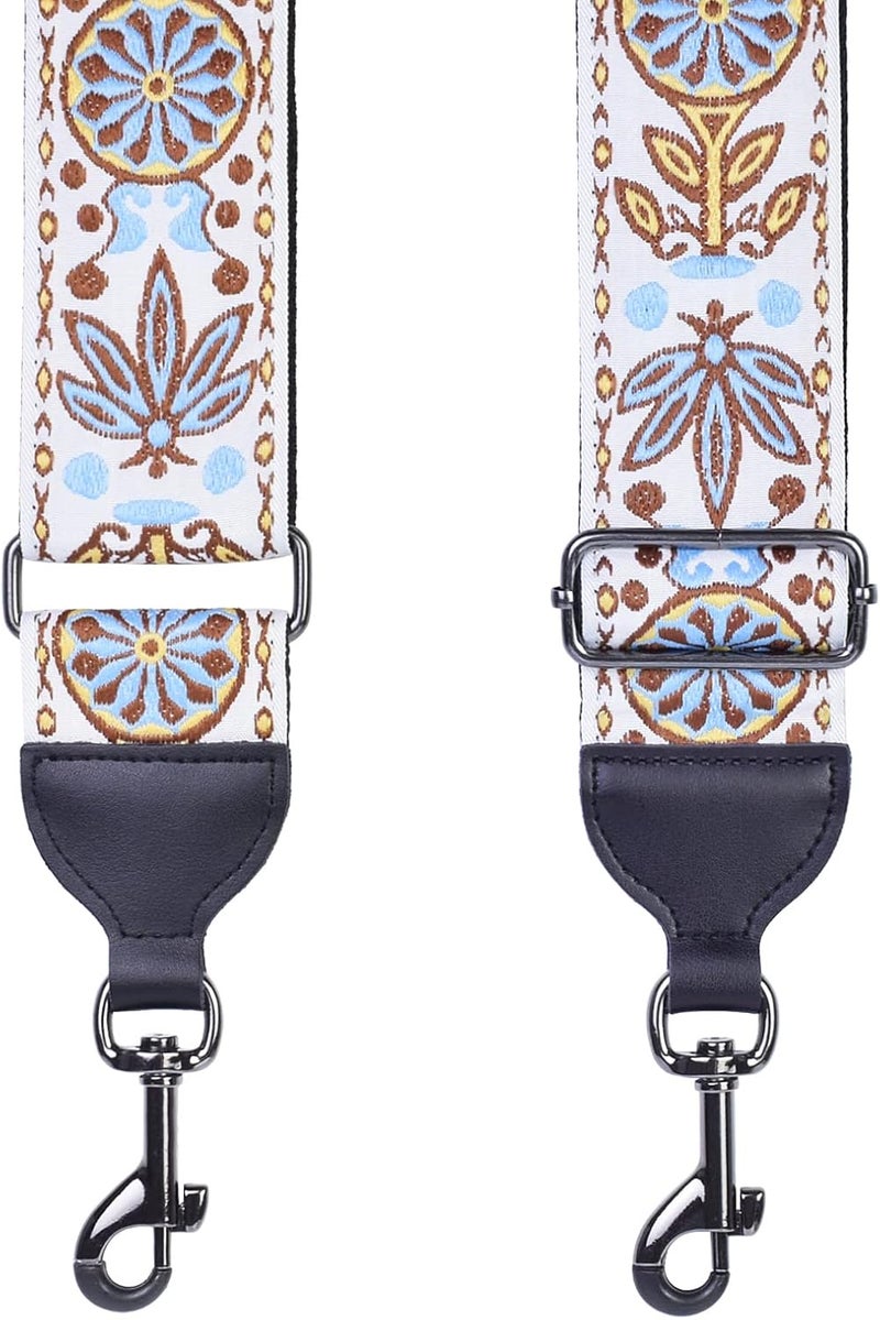 CLOUDMUSIC Banjo Strap Guitar Strap For Handbag Purse Jacquard Woven With Leather Ends And Metal Clips(Vintage Patten In White) - Image 2