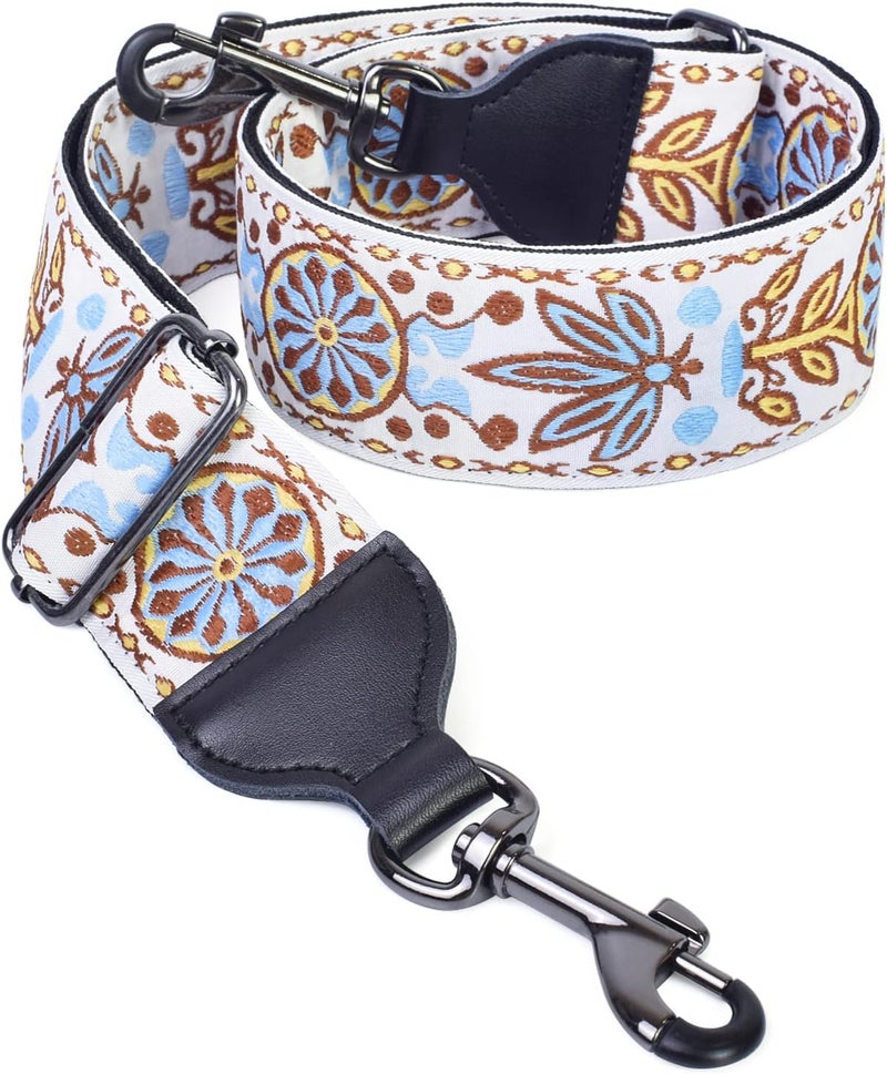 CLOUDMUSIC Banjo Strap Guitar Strap For Handbag Purse Jacquard Woven With Leather Ends And Metal Clips(Vintage Patten In White) - Image 1