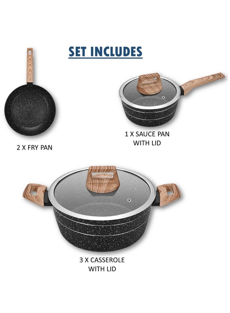 Auroware 10 Piece Non Stick Cookware Set Forged Aluminium Frying pan Casserole Sauce pan with Tempered Glass Lid wooden finish handle PFOA Free Dishwasher Safe - Image 2