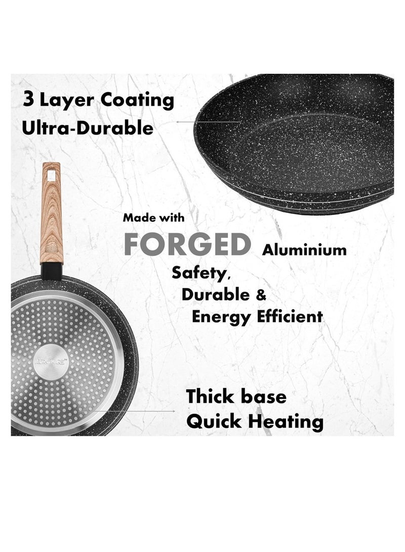 Auroware 10 Piece Non Stick Cookware Set Forged Aluminium Frying pan Casserole Sauce pan with Tempered Glass Lid wooden finish handle PFOA Free Dishwasher Safe - Image 3