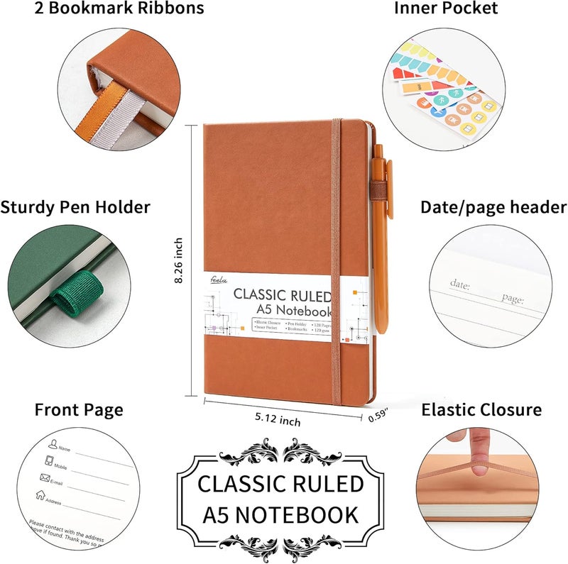 Feela Hardcover Notebook For Work, Classic Ruled Lined Journal Set School Business Supplies, with 3 Black Pens, 120 GSM, 5.1”x8.3”, 3 Pack, A5, Vintage Colors - Image 2