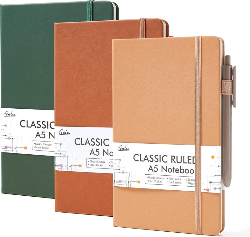 Feela Hardcover Notebook For Work, Classic Ruled Lined Journal Set School Business Supplies, with 3 Black Pens, 120 GSM, 5.1”x8.3”, 3 Pack, A5, Vintage Colors - Image 1