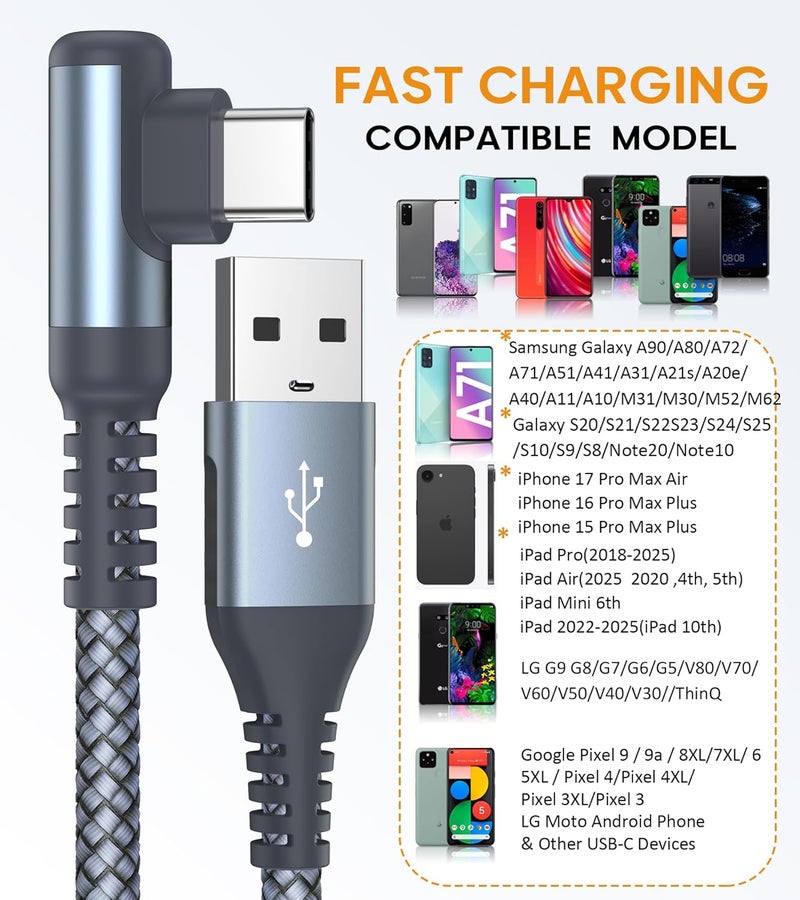 sweguard Wide range compatible material USB Type C Cable Right Angle [2-Pack,3M]-Nylon Braided Fast Charging USB C For iPhone 17 16 15 Pro Max,Samsung Galaxy S25 S24 S23 S22 S21 S20 S10 A53, Note Flip Pixel LG More USB C Device Carefully engineered build - Image 5